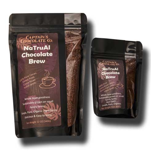 two bags of costa rican cacao brew with muted brown tropical imagery packaging on white background